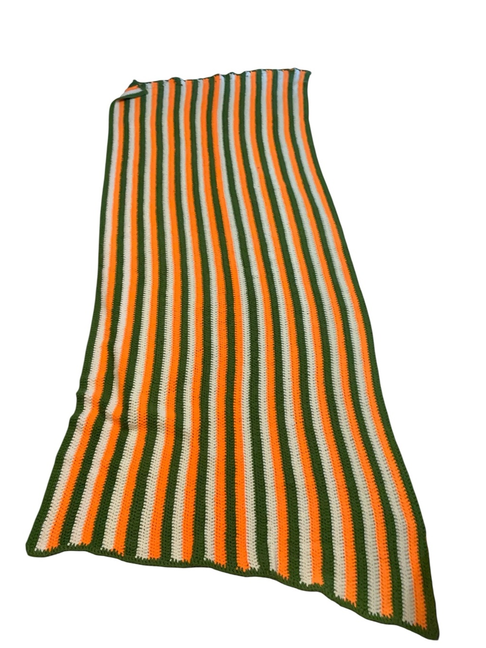 Vtg Chevron‎ Throw Handmade Afghan Crochet 90”x 35” Green Orange Cream